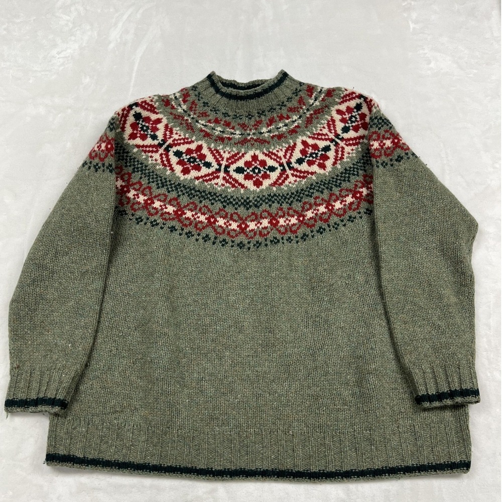 Eddie Bauer Legend Sweater Womens XXL Green Fair Isle Wool Pullover 1310